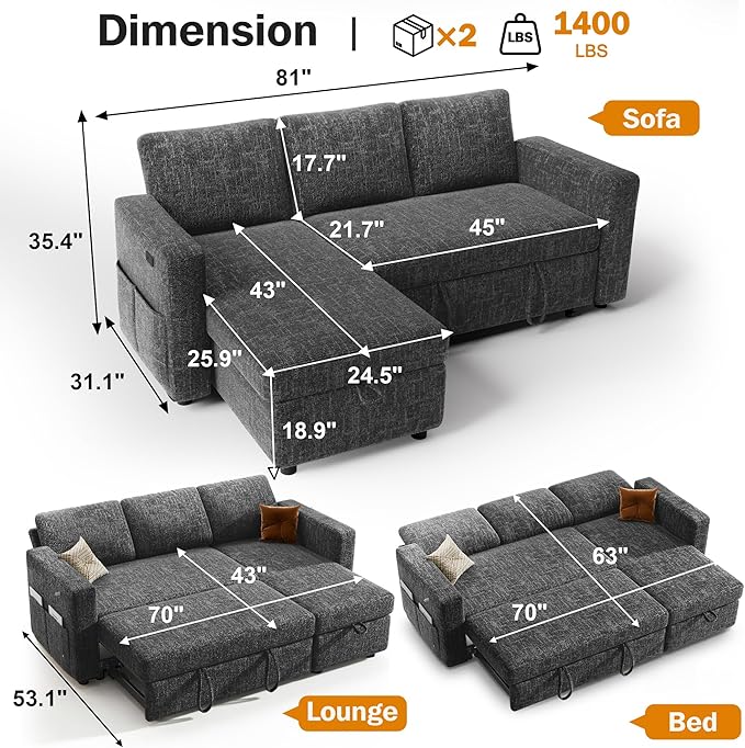 Sunny Heart 82" L Shaped Sectional Sleeper Sofa Bed