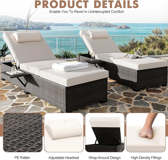 GAOMON Chaise Lounge Chairs Set of 2, Outdoor PE Rattan Chaise Lounge Chair