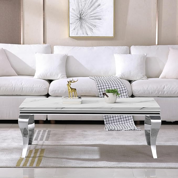 Henf 47" Modern White Faux Marble Coffee Table