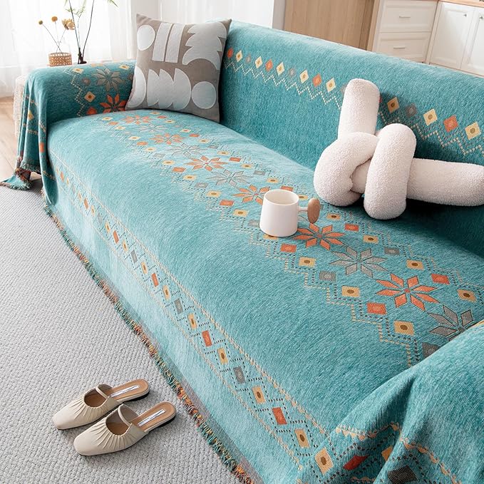 DREAMINGO Teal Boho Couch Cover Jacquard Chenille Sofa Covers Washable 3 Seater