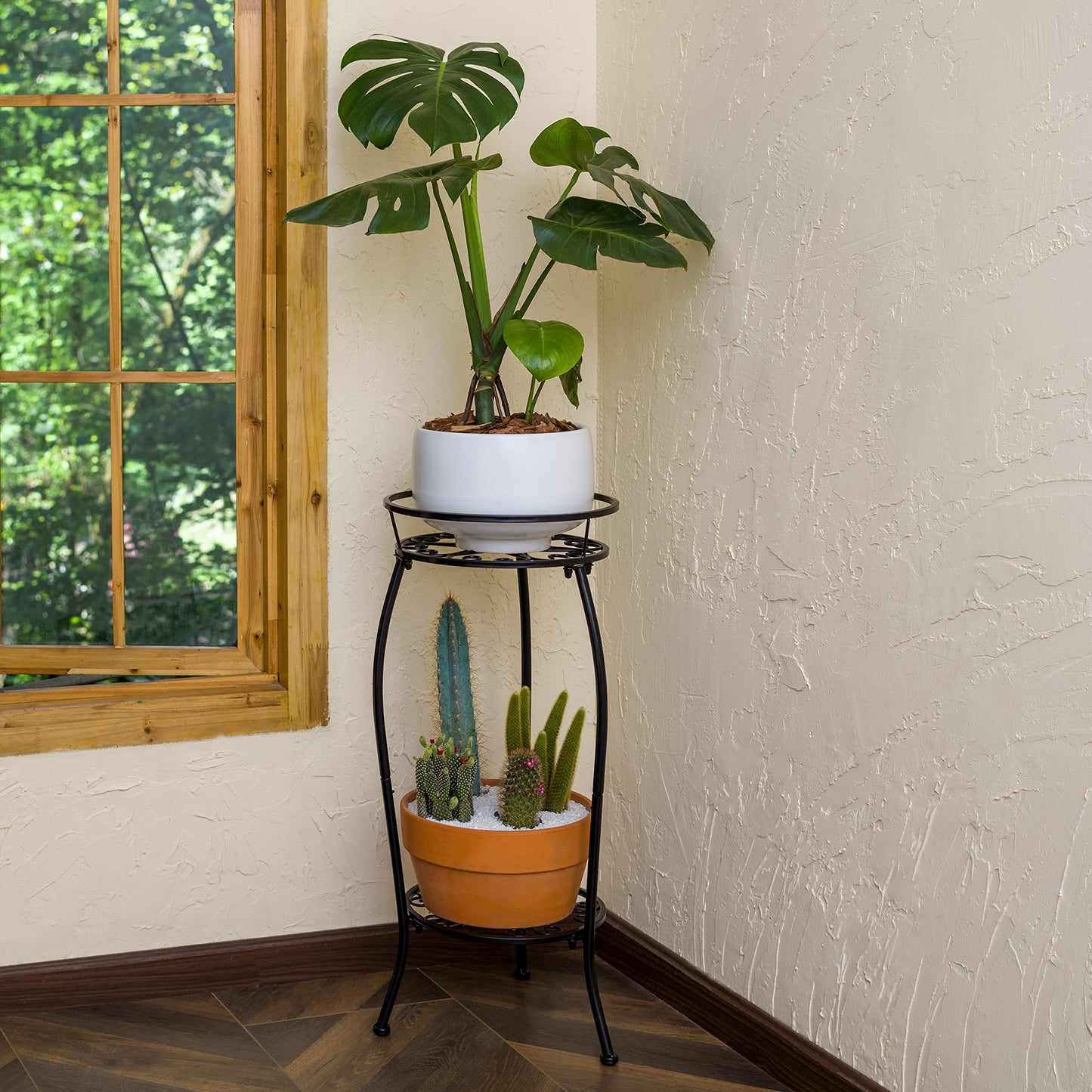 FaithLand Plant Stand, Metal Planter Holder Indoor Outdoor, 2 Tier Round Potted Supports Rack, Corner Display Shelf Black, Tall