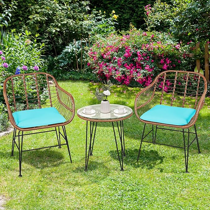 Tangkula 3 Pieces Patio Conversation Bistro Set, Outdoor Wicker Furniture