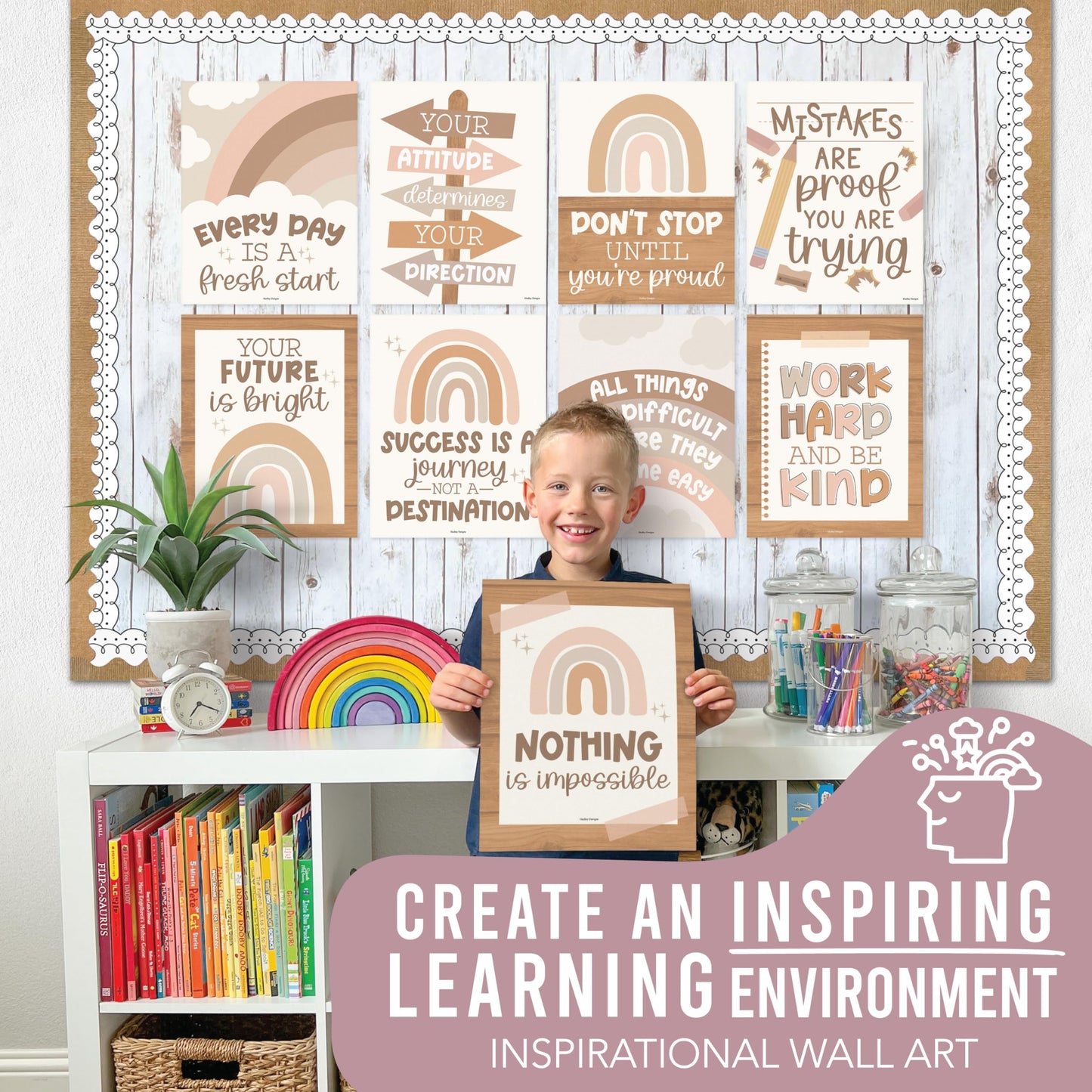 Hadley Designs Motivational Poster for Classroom Decor - 9 Growth Mindset Classroom Posters Elementary, Inspirational Wall Decor Middle School, Teacher Must Haves, Boho Bulletin Board Decorations