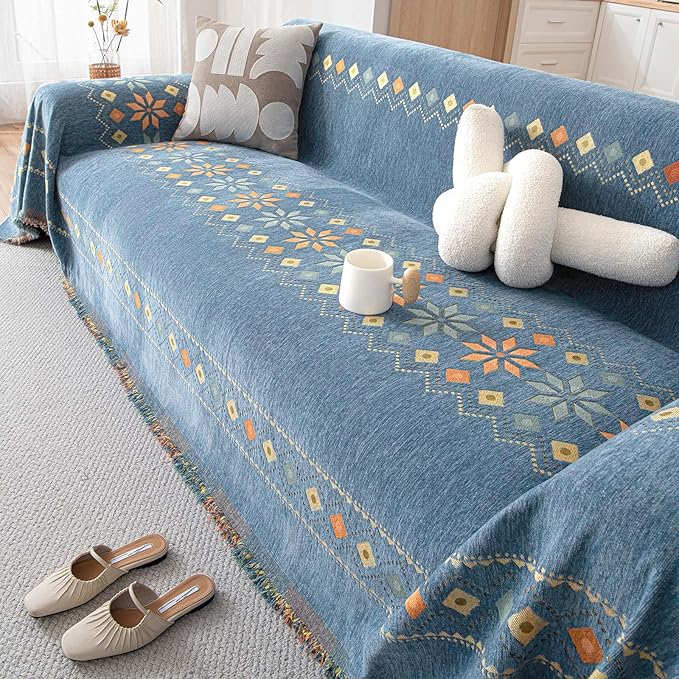 DREAMINGO Blue Boho Couch Cover Geometric Jacquard Sofa Covers