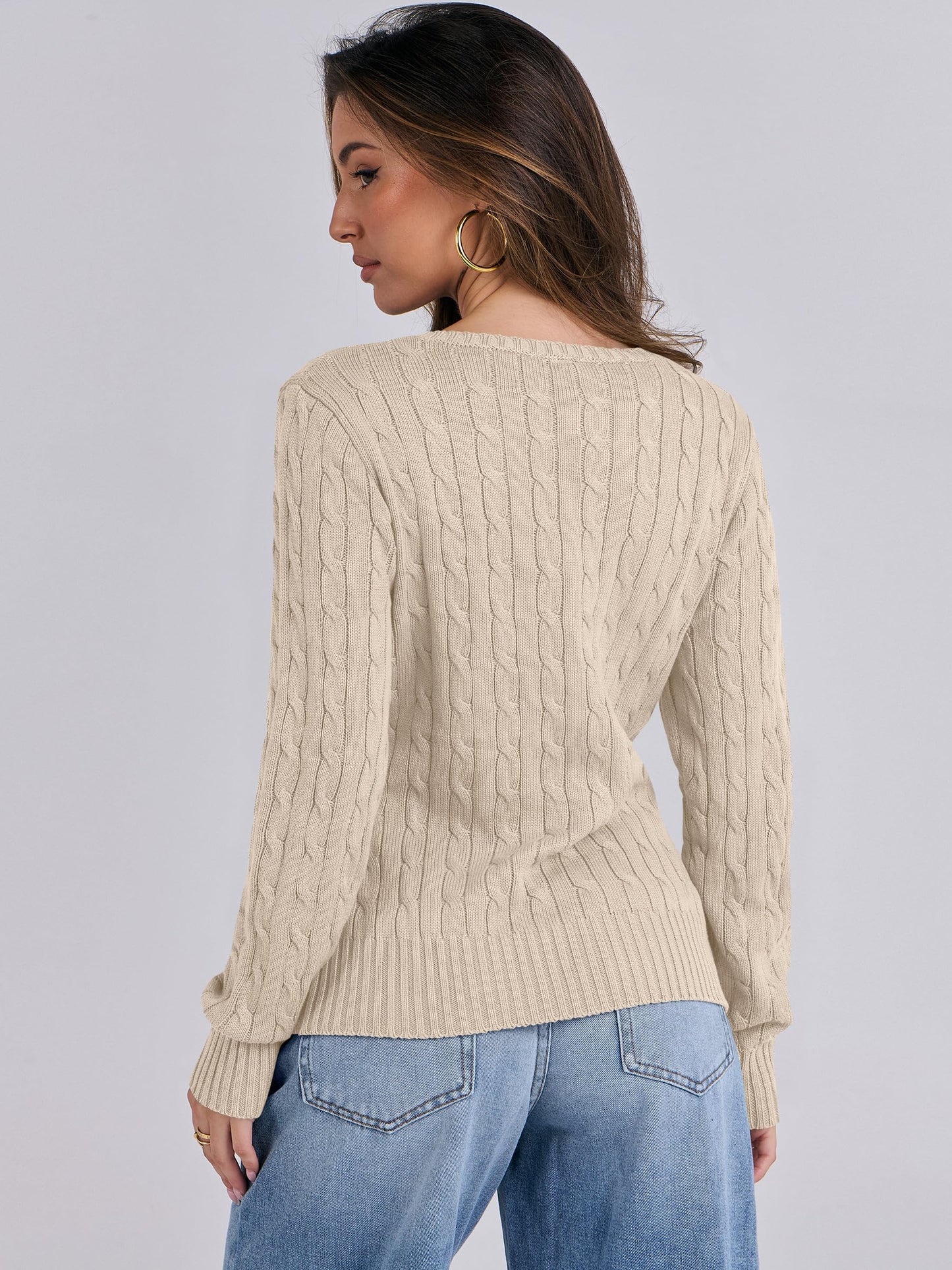 ANRABESS Womens Long Sleeve Cable Knit Sweater 2025 Fall Fashion V Neck Fitted Pullover Top Business Casual Work Fall Outfits