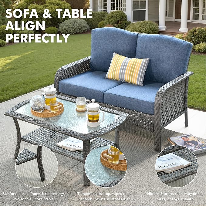 Weaxty Wicker Patio Furniture Set High Back Loveseat Sofa Couch Armchair Coffee