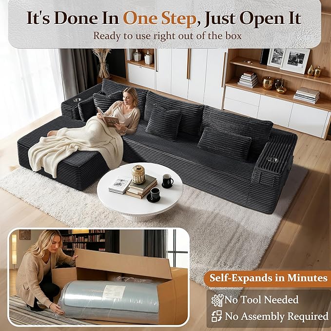 108" Oversized Cloud Sectional Couch, Comfort L Shaped Boneless Couch