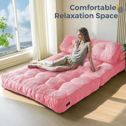 MAXYOYO Folding Sofa Bed, Convertible Sleeper Chair with Pillow Foldable Matress with Back Support, Portable Fold Out Chair Bed Comfy Floor Sofa Lounge for Living Room Bedroom, Pink Double