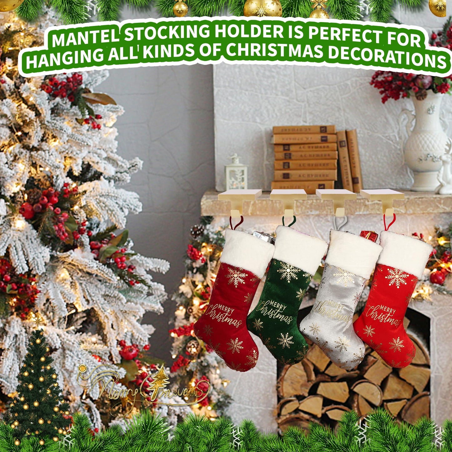 Anrgterg 4 Pcs Christmas Stocking Holders, Mantel Stocking Hangers Metal Hanging Hooks with Protective Pads for Xmas Holiday Counter Window Home Table Gold