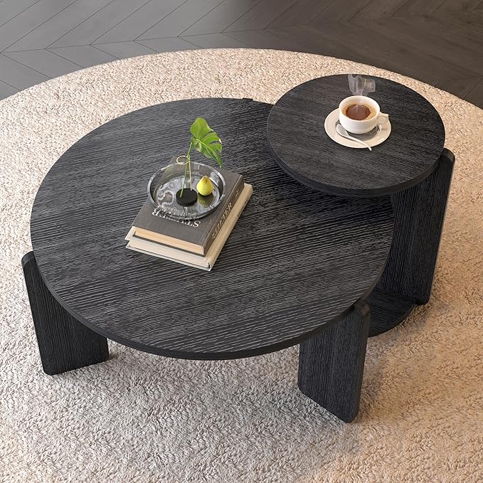 GDFStudio Round Nesting Coffee Table Set of 2, Modern Wooden Accent Side Table
