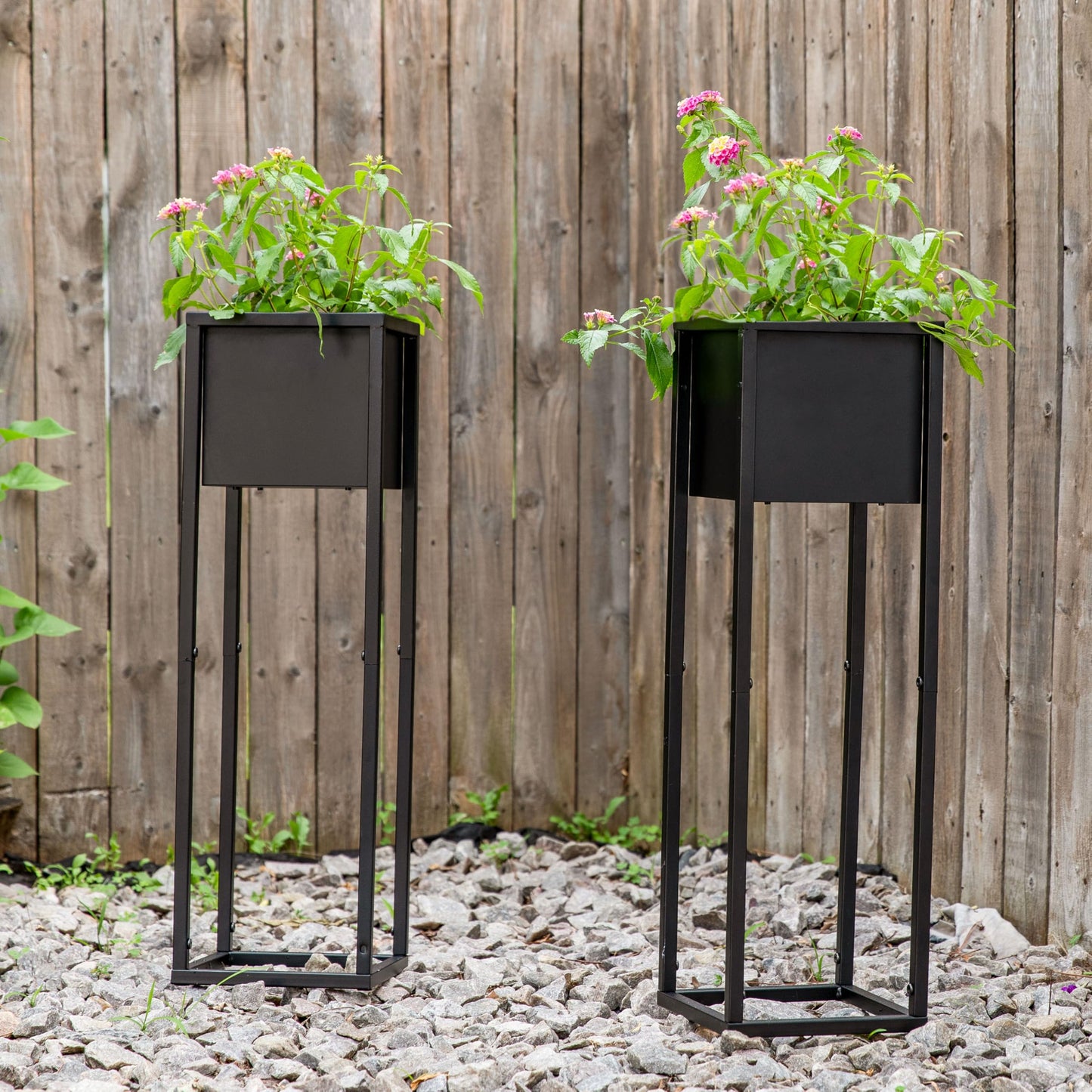 Sunnydaze Modern Simplicity 8.25" Square Metal Raised Planter Box with Legs - Set of 2 - Indoor or Outdoor Use - Black - 27" H
