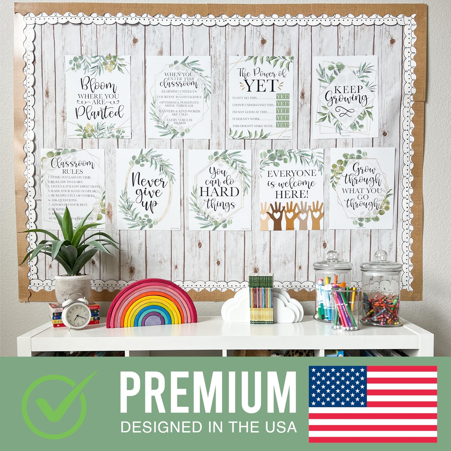 Hadley Designs Motivational Poster for Classroom Decor - 9 Growth Mindset Classroom Posters Elementary, Inspirational Wall Decor Middle School, Teacher Must Haves, Greenery Bulletin Board Decorations