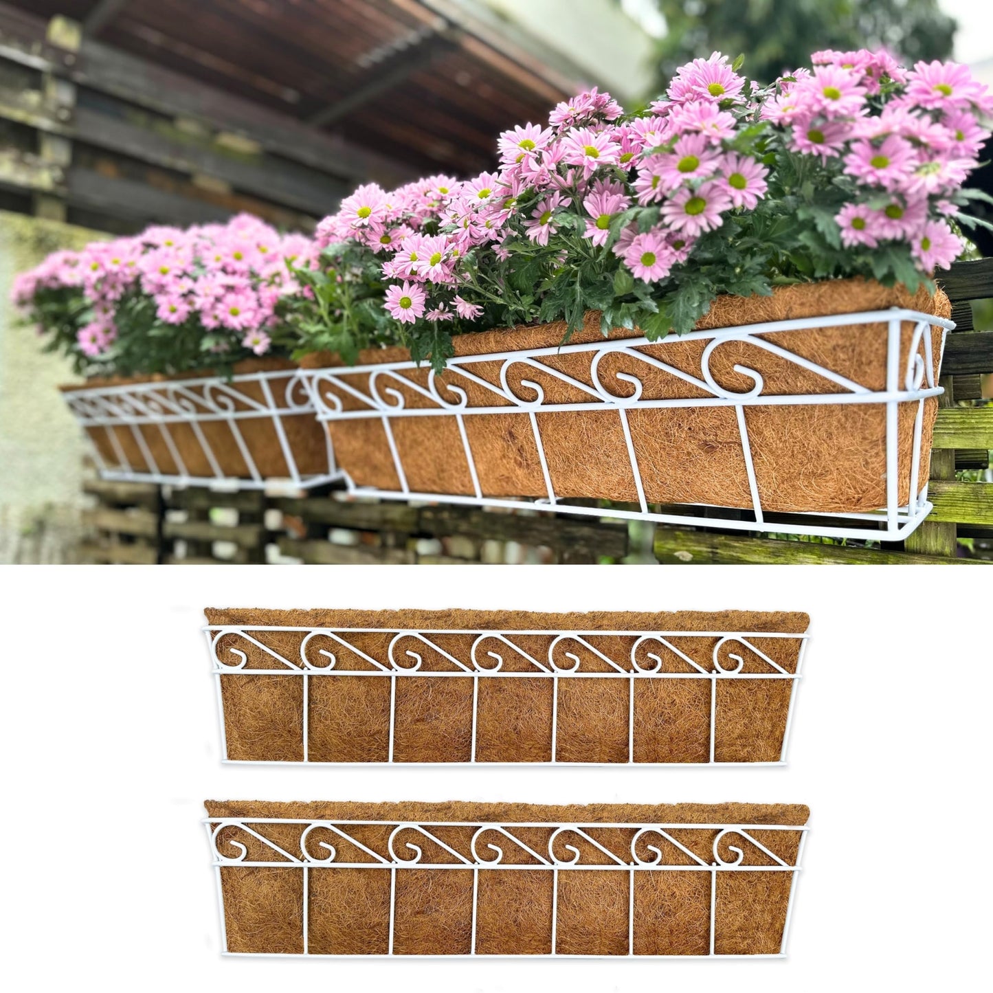 LaLaGreen Bundle (2 Pack, 30 Inch White + 2 Pack, 30 Inch Black) Window Flower Boxes Basket Outdoor, Balcony Planter Over The Rail, Deck Railing Metal Horse Troughs Fence Patio Porch Garden Decor