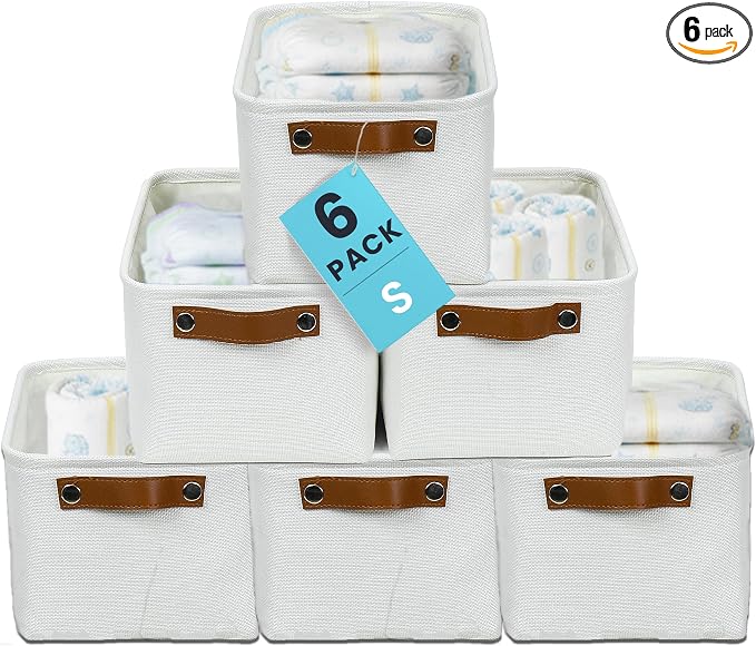 OrganiHaus 12x8in Canvas Storage Baskets 6 Pack | SMALL Fabric Bins for Shelves | Pantry & Bathroom Organizer | Full Off-White