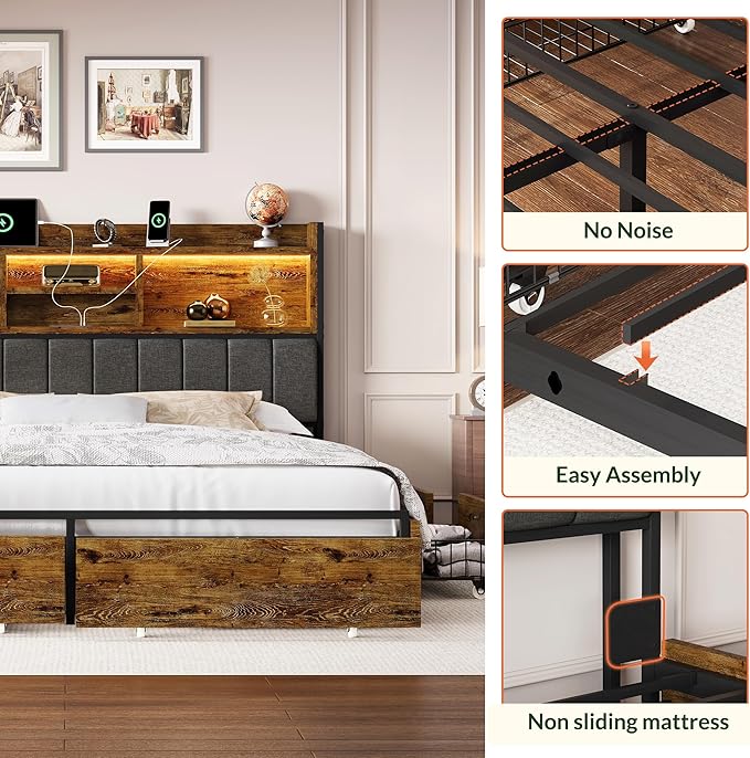 LARMACE King Bed Frame with 6 Storage Drawers, Bed Frame King Size with Linen