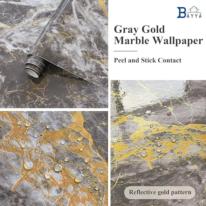 BAYYA Dark Grey/Gold Marble Contact Paper