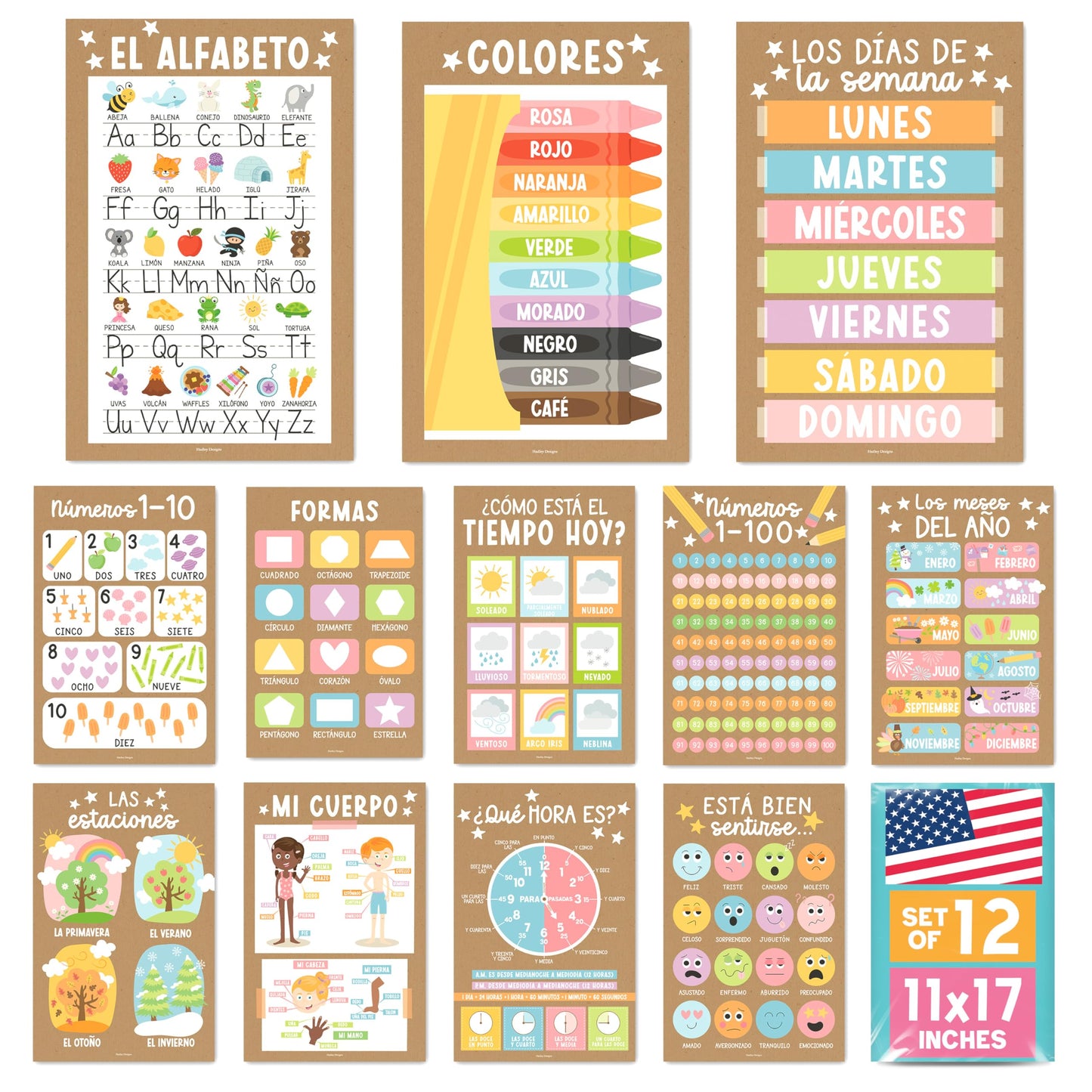 Hadley Designs Spanish Posters for Classroom - 12 Bilingual Educational Posters for Spanish Classroom Decorations Must Haves, Calendario y Alfabeto en Español Para la Pared, Kraft Teacher Supplies