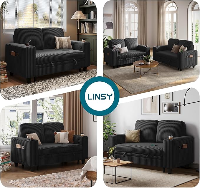 LINSY HOME Loveseat Sofa with Pull Out Couch Chaise: 2-in-1 Convertible 2