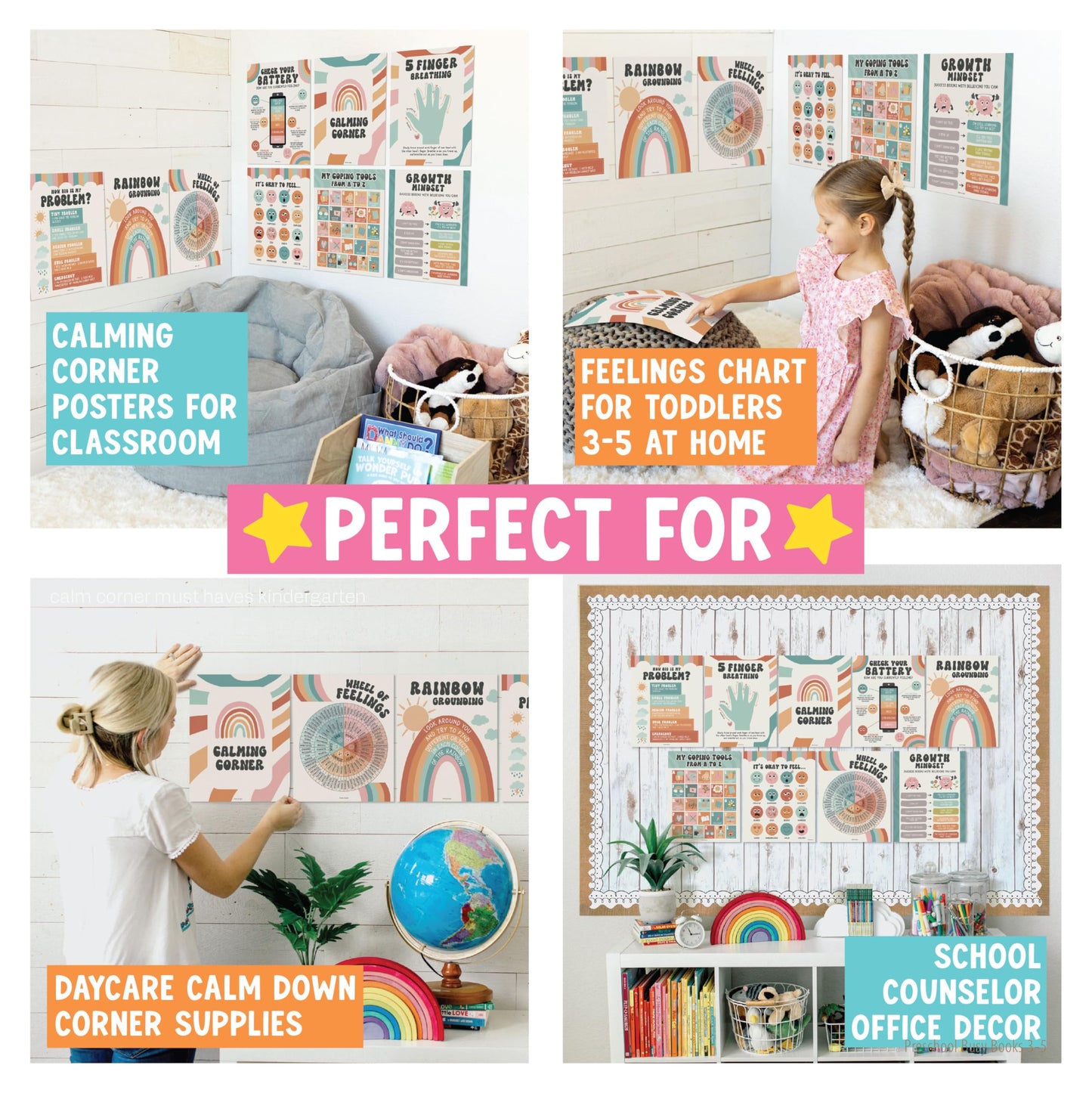 Hadley Designs 9 Calming Corner Posters for Classroom Must Haves - Calm Down Corner Supplies with Emotions Chart, School Counselor Mental Health Poster, Feelings Chart For Kids, Retro Classroom Decor