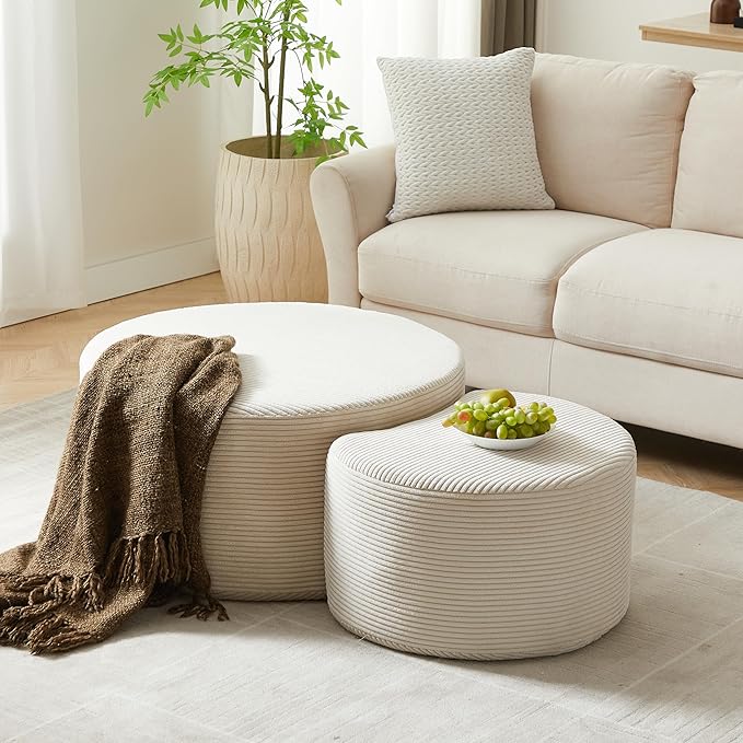 Modern Nesting Coffee Table Set of 2 in Beige, Upholstered Round Living Room