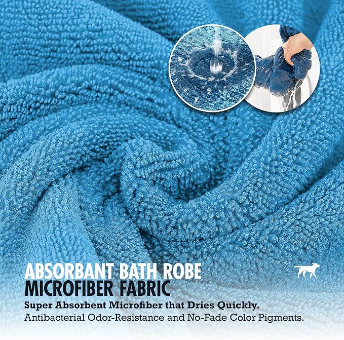 Tuff Pupper Fast Drying Dog Bath Robe | 800 GSM Plush Dog Towel Bathrobe/Dressing Gown | Super Absorbent Pet/Puppy Bathrobe | Adjustable Hood & Belly Strap | Super Soft | Fast Drying (L, Blue)
