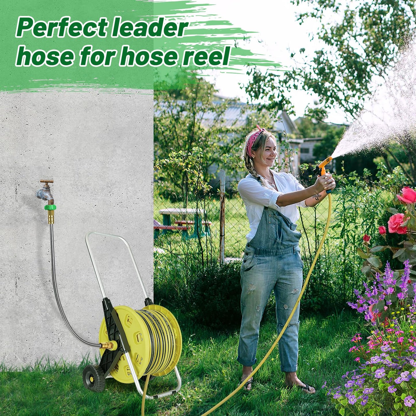 Short Garden Hose with Male to Female Connector - 3ft Metal Leakproof Leader Hose for Reel, Heavy Duty 304 Stainless Steel Flexible Water Pipe for Outdoor Garden Watering Car Pet Cleaning