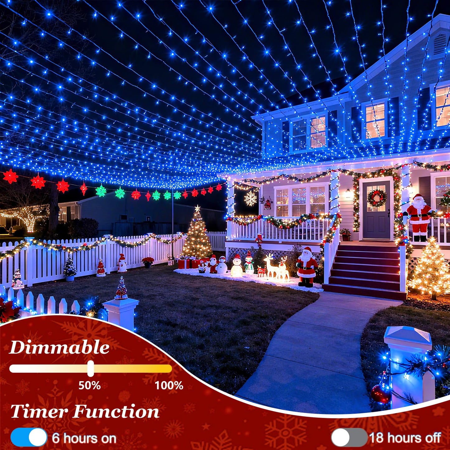 300 LED Blue Birthday Party Decorations String Lights with 12 Modes Timer Dimmable, Waterproof Green Wire Christmas Tree Lights, 75FT Fairy Lights for Bedroom, Outside, Ocean Party, Xmas Decor