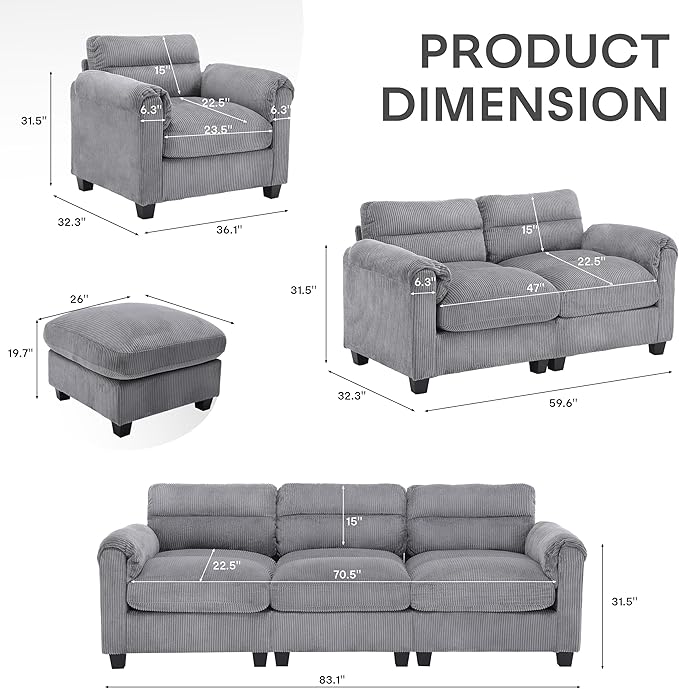 HAOMARKETS Corduroy Sofa Set, Upholstered Armchair and 3-Seater Couch