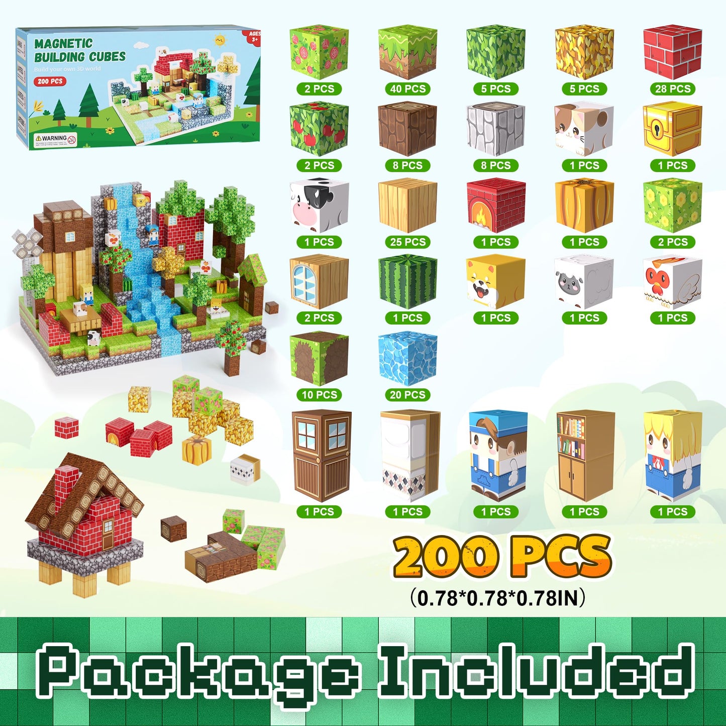 Fitrobust 200PCS Magnetic Building Blocks Set, Magnetic Tiles Kids Build Cubes STEM Game Toys, Build Forest World Set, Christmas Birthday Gifts for Boys & Girls Age 3 4 5 6 7 8 9 10, 0.78 in Size