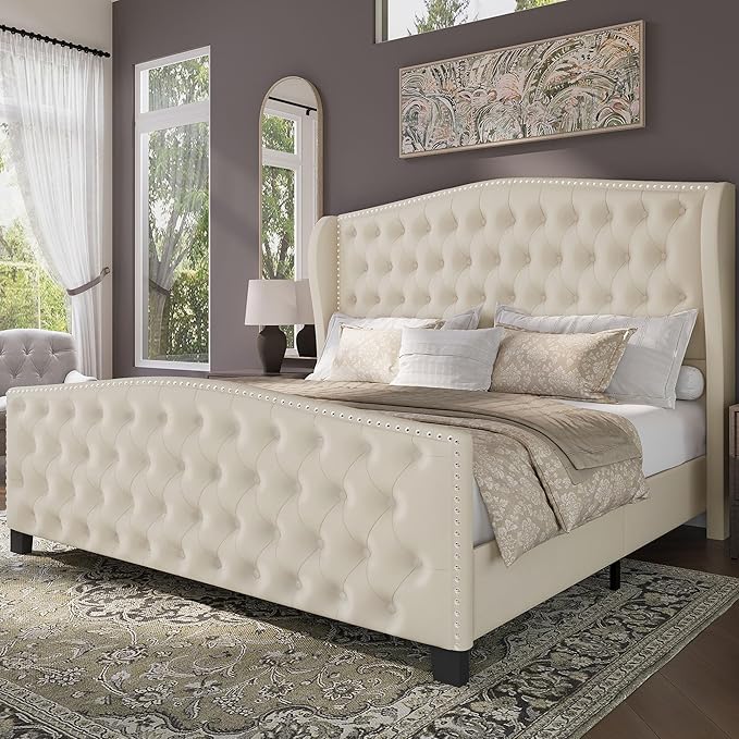 BRELTAM Upholstered King Size Bed Frame Velvet Beige Tufted Platform Bed Frame