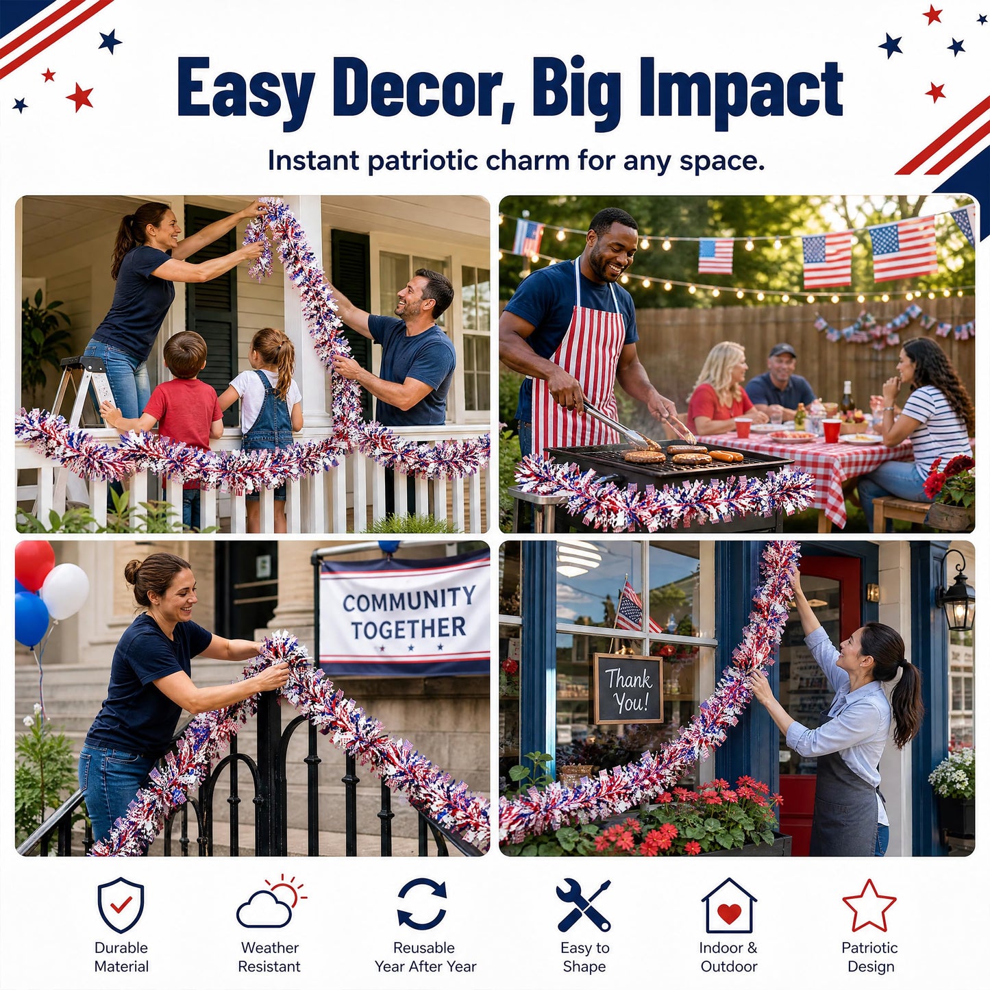 50 FT 4th of July Garland, Indoor & Outdoor Red White and Blue Patriotic Tinsel with American Flags, US Party Decor for Mantel, Stairs, Porch Railings, Golf Cart, Parade Float & America 250