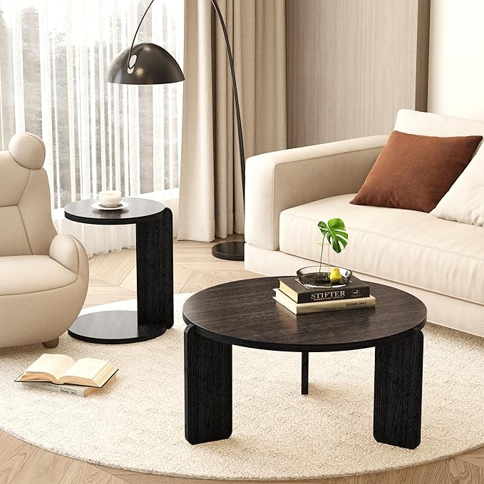 GDFStudio Round Nesting Coffee Table Set of 2, Modern Wooden Accent Side Table
