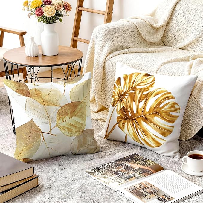 OBSEDE Golden Leaf Illustration Decorative Throw Pillow Covers 18 × 18 in