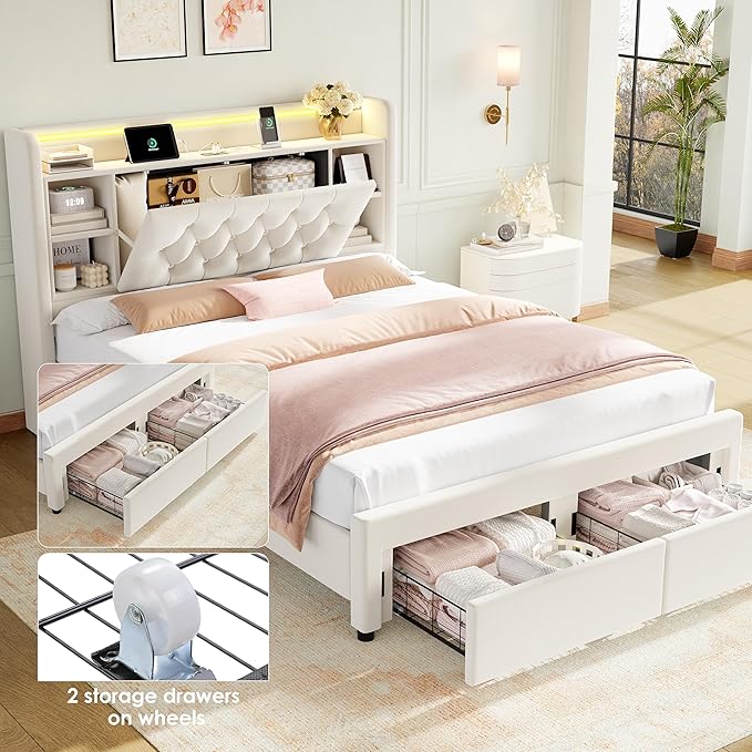 Queen Bed Frame with Drawers, Hidden-Cubby & Shelves Storage Headboard with