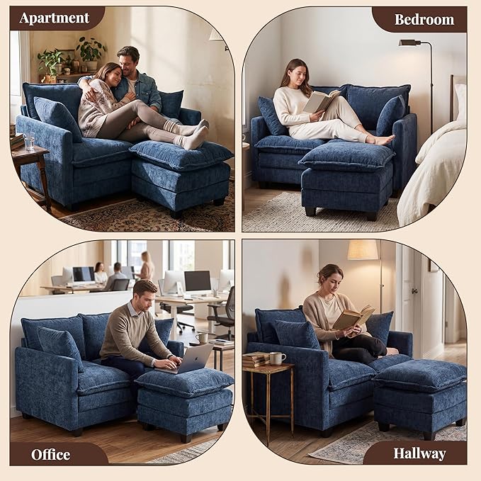 Loveseat Sofa with Ottoman, Cloud 3-Layer Cushion, Living Room, in a Box
