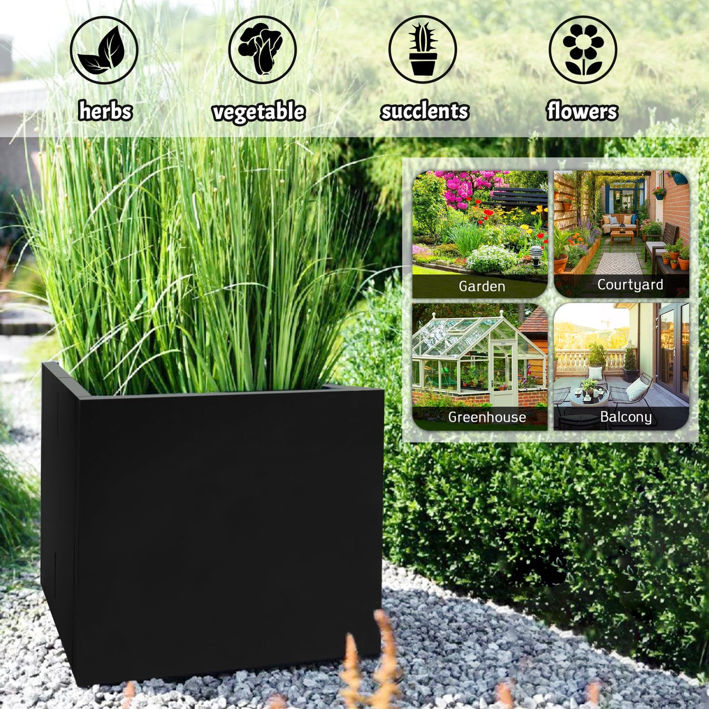 TISUWING Galvanized Steel Rectangular Planter, 16"x 12"x 12" Small Planters for Outdoor Plants, Black Outdoor Planter with Drainage Holes