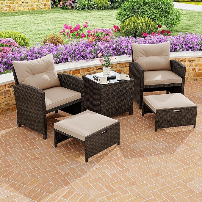 Tangkula 5 Pieces Patio Conversation Set, PE Wicker Rattan Outdoor Furniture Set