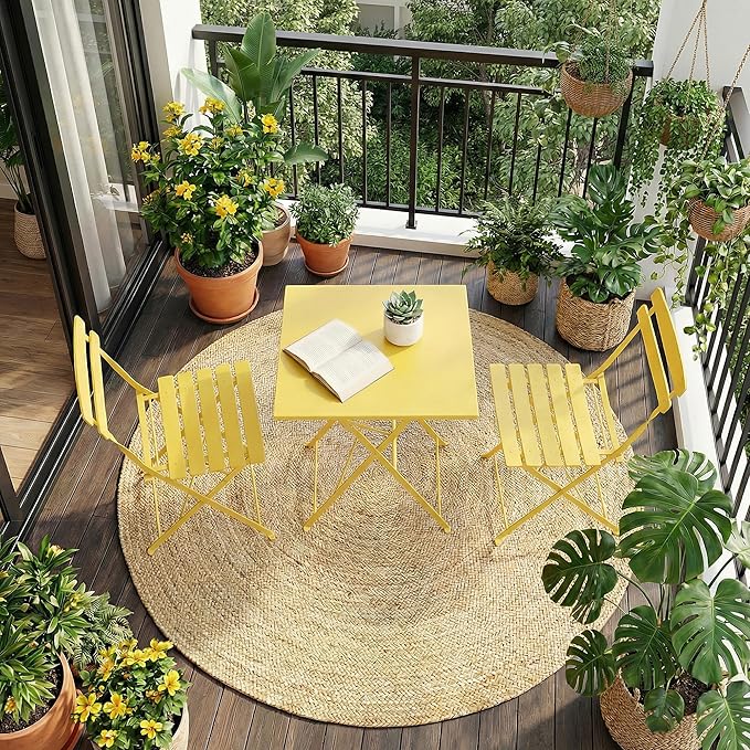 GarveeLife 3 Piece Patio Bistro Set, Folding Patio Bistro Table and Chairs Set