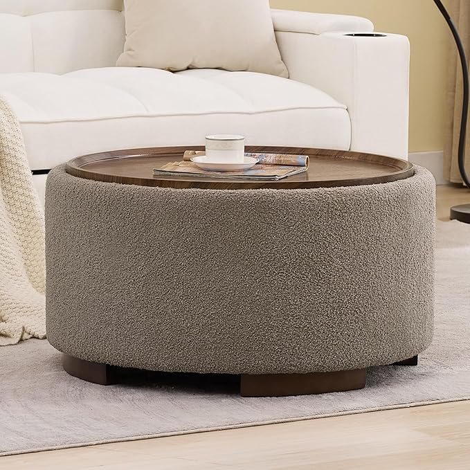 29.5 Inch Round Storage Ottoman Coffee Table, Modern Circle Coffee Table