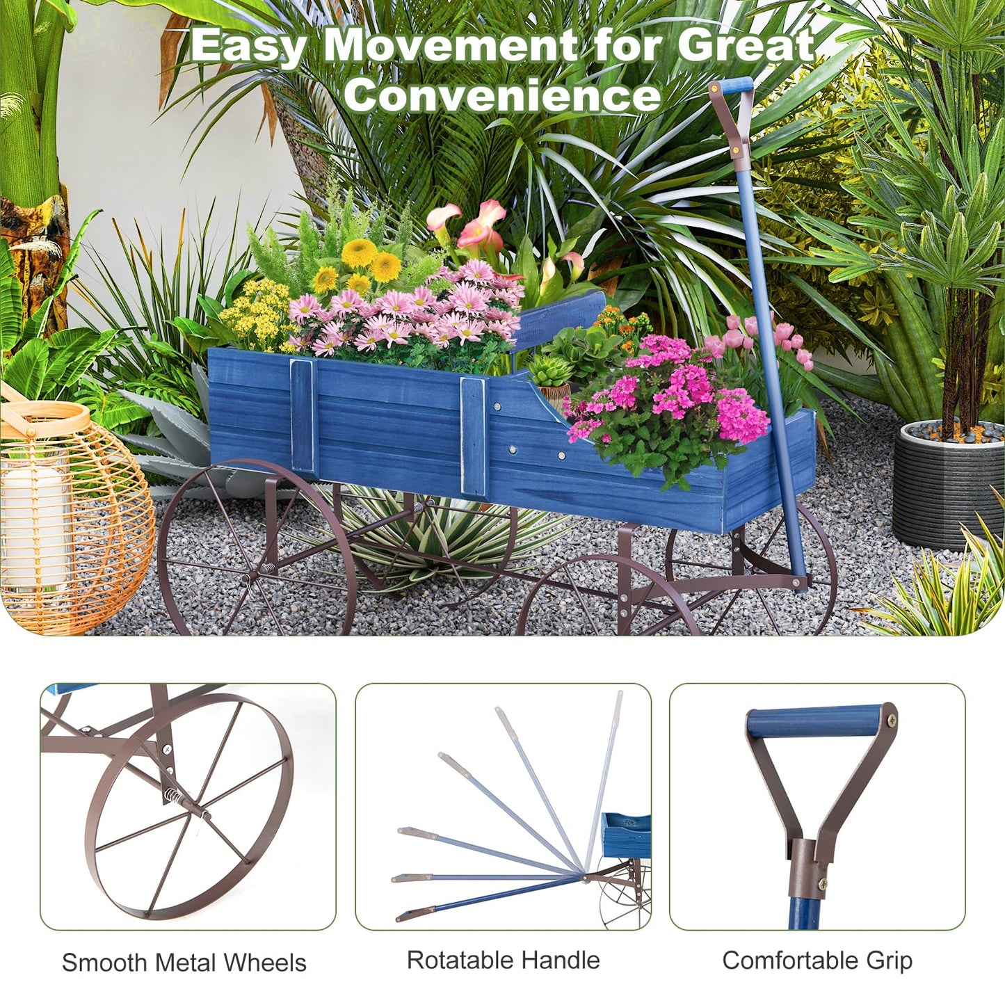 HAPPYGRILL Wooden Wagon Planter, 24.5” x 13.5” x 24” Decorative Garden Planter w/ 2 Planting Sections, Wheels, Handle, Small Decorated Cart, Flower Planter Box for Indoor Outdoor Festival Patio (Blue)