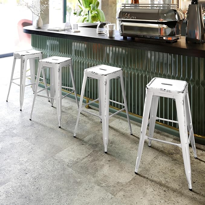 Flash Furniture Kai Commercial Grade 30" High Backless Distressed White Metal