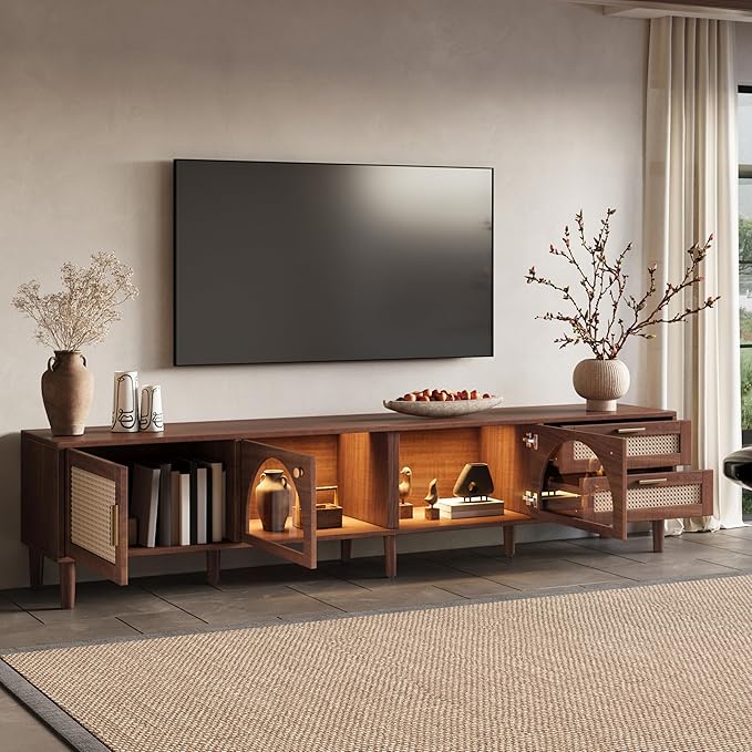 Merax Rattan TV Stand with LED Lights, Solid Wood Feet, Living Room, Bedroom
