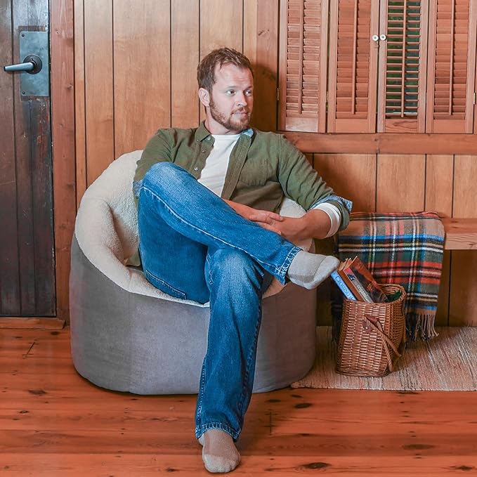 Big Joe Milano Bean Bag Chair, Oat Sherpa and Graphite Vegan Suede, Soft