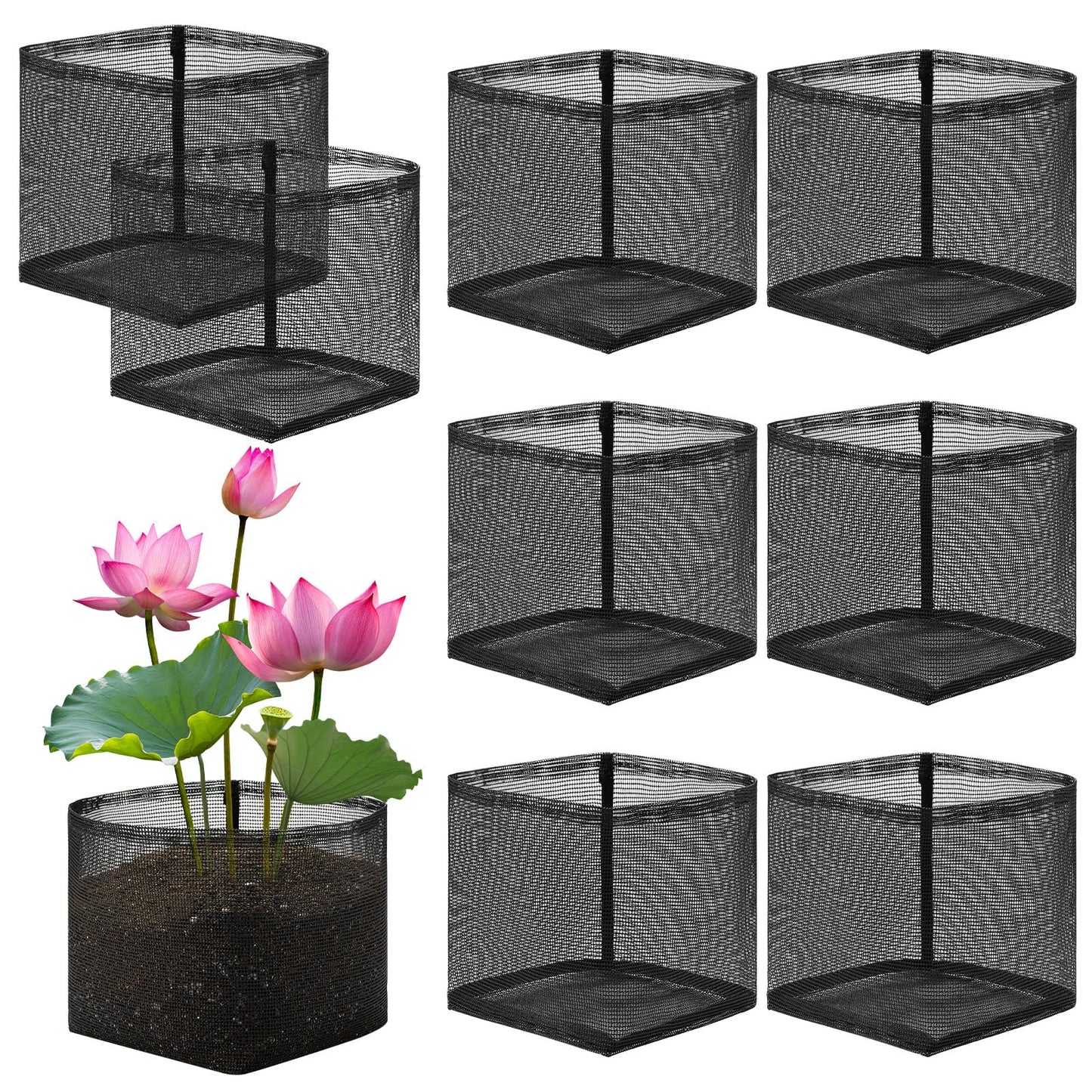 Beeveer 8 Pcs Pond Plant Baskets, Square Reusable Aquatic Planting Bags Breathable Mesh Garden Water Plant Pot for Water Lily Gladiolus Bog and Terrestrial Plants (7 Inch,Square)