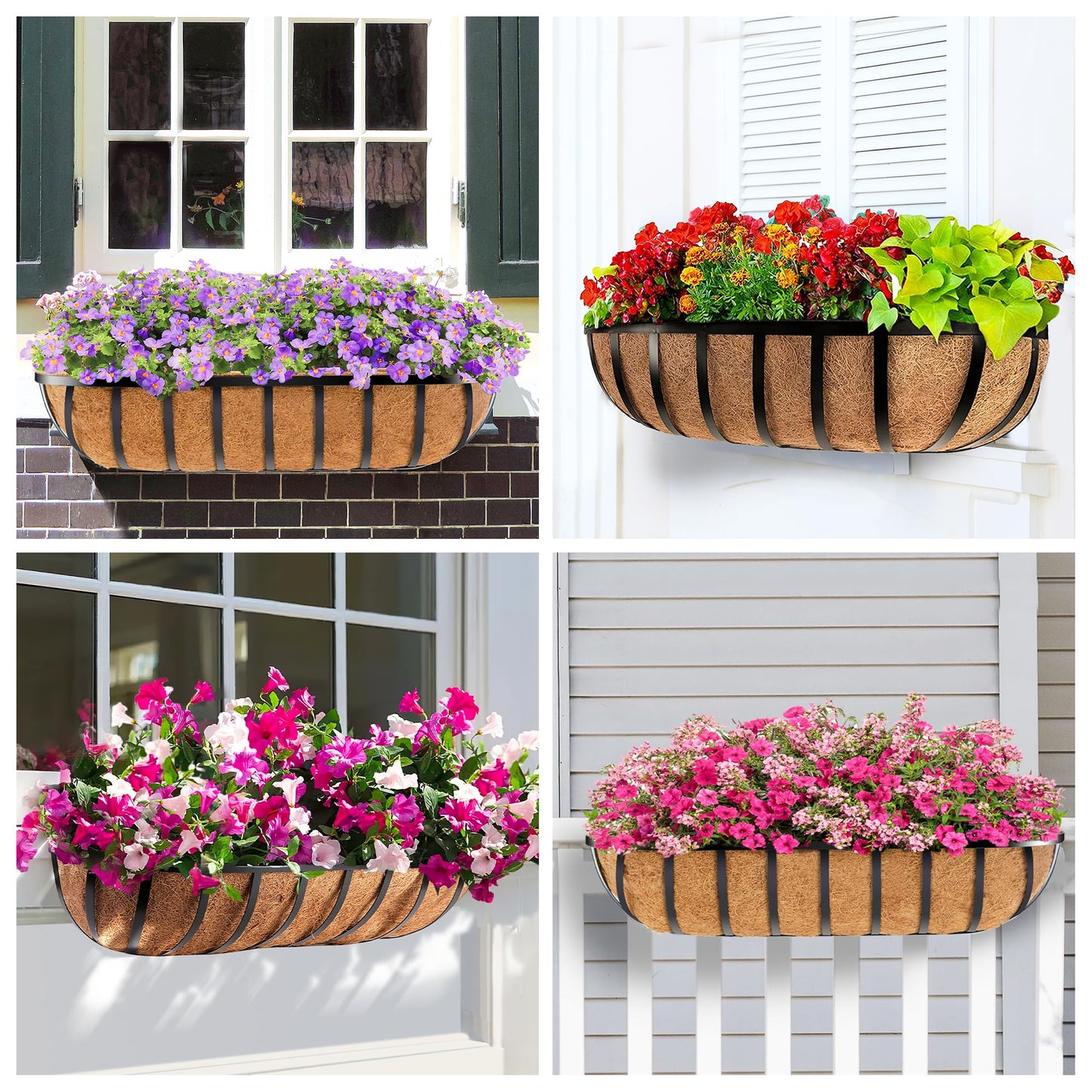 LAWYAMAI 30 Inch 4 PCS Window Box Deck Railing Planter with Coco Liners, Hanging Flower Planters Black Metal Baskets for Indoor Outdoor, Balcony, Porch, Fence, Lawn and Patio