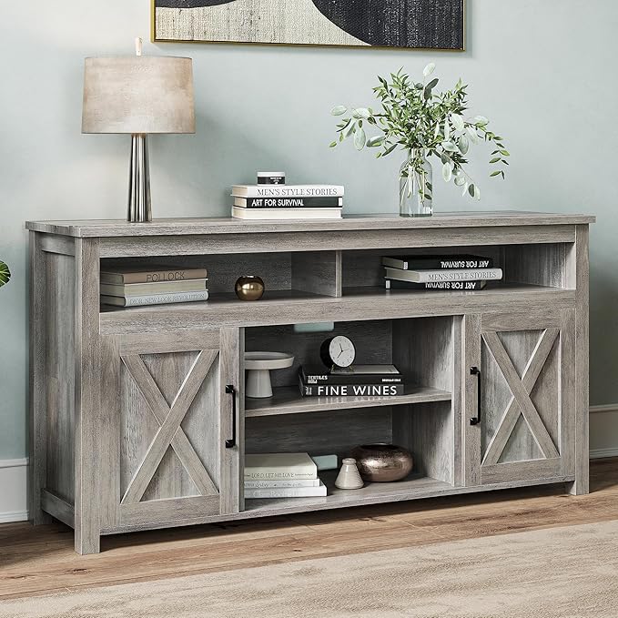 BELLEZE Modern 58 Inch Barn Door Wood TV Stand & Media Entertainment Center