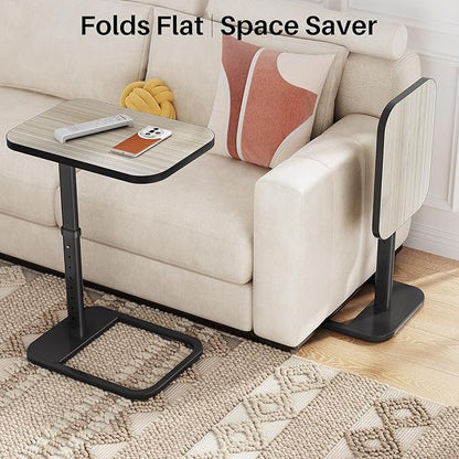 Driftwood Grey TV Tray Table, Adjustable Height & Rounded Metal Corners, Snack Table for Couch, Sofa, Bed, Chair, Living Room, C Shaped End Side Table for Eating, Dinner or Laptop, Small Spaces