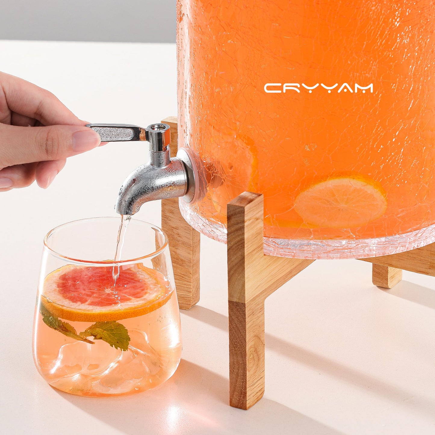 Cryyam 2 Gallon Glass Drink Dispenser with Stand, Beverage Dispenser with Wood Lid and Stainless Steel Spigot, Glass Water Dispenser for Parties, Ideal for Juice, Tea, Lemonade, and More
