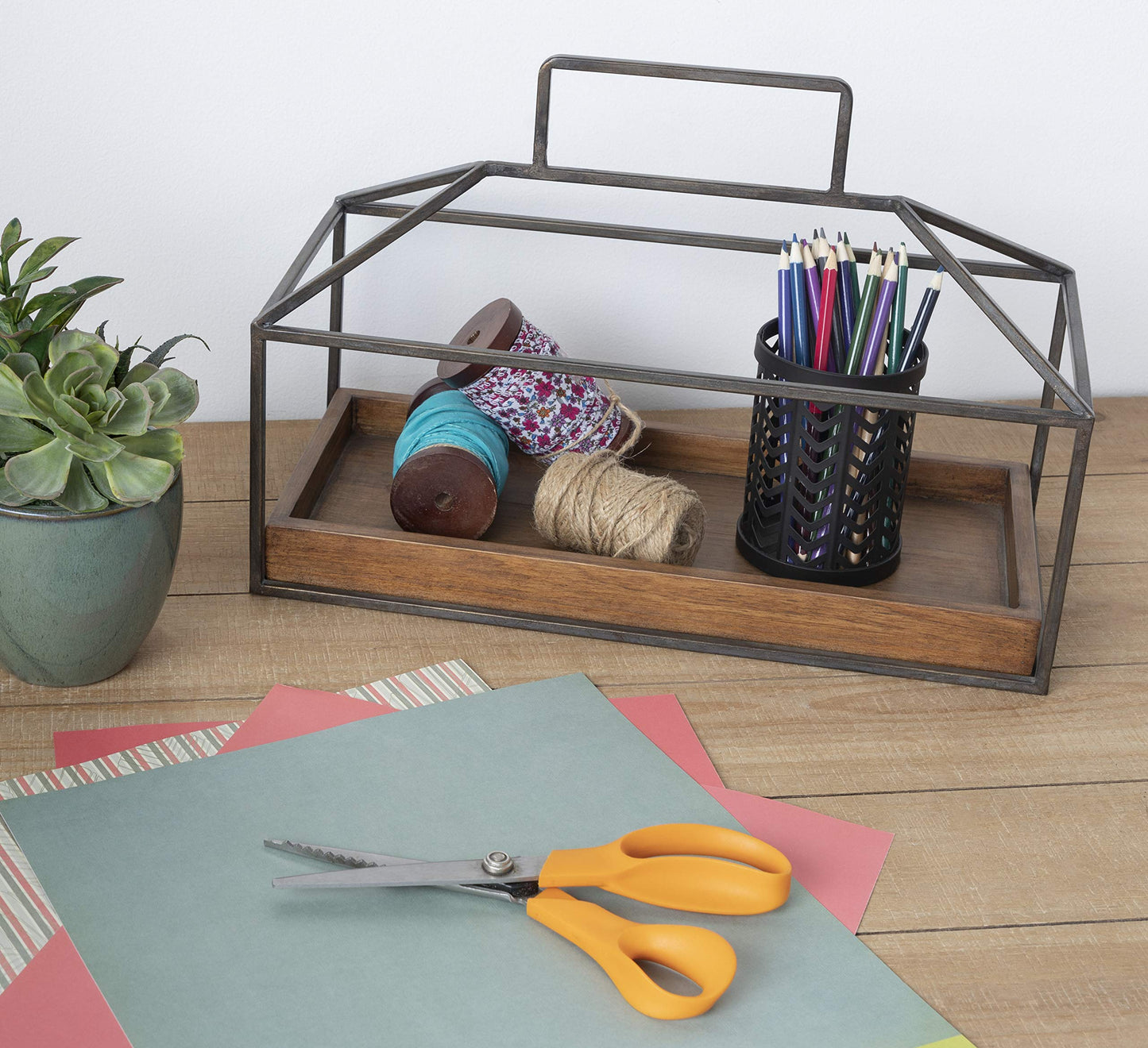 Kate and Laurel Huxley Farmhouse Wood and Metal Tabletop Planter, 16 x 6 x 11.5, Caramel Brown Wood and Iron, Chic Rustic Planter