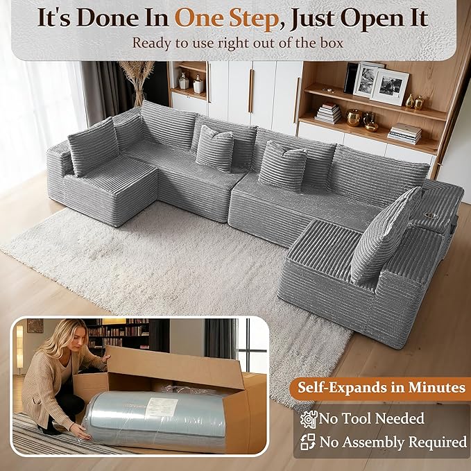138" Cloud Sectional Couch, Comfort U Shaped Sofa
